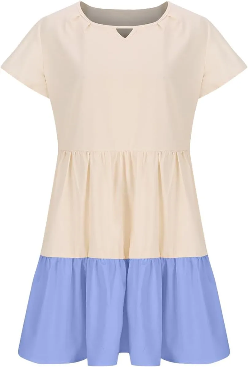 hlysgo Womens Summer Dresses 2024 Casual Frill Sleeve Keyhole Neck Mini Dress Color Block A-Line Flowy Pleated Beach Dress
