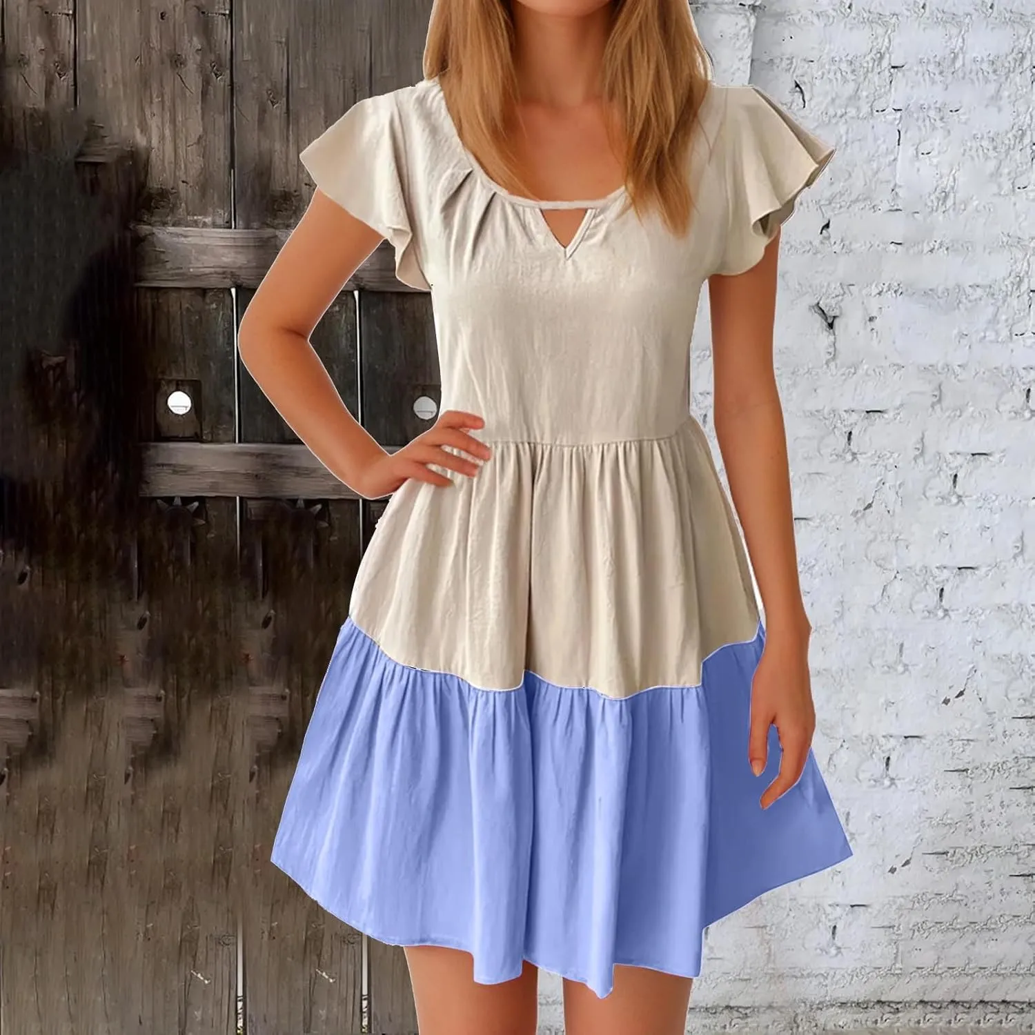 hlysgo Womens Summer Dresses 2024 Casual Frill Sleeve Keyhole Neck Mini Dress Color Block A-Line Flowy Pleated Beach Dress