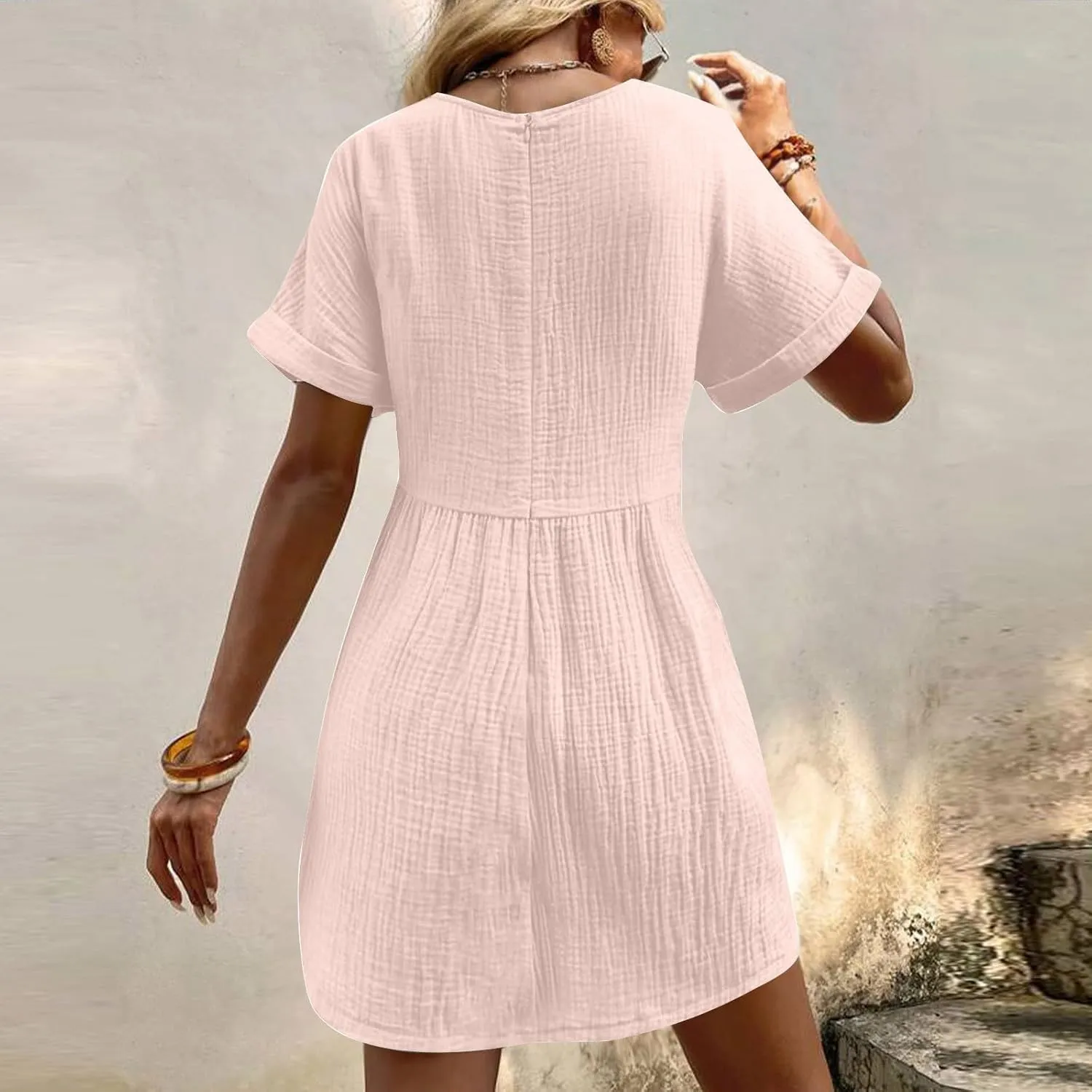 hlysgo Womens Summer Dresses 2024 Casual Loose Fit Short Sleeve V Neck Mini Dress Trendy Vacation Tshirt Dress with Pockets