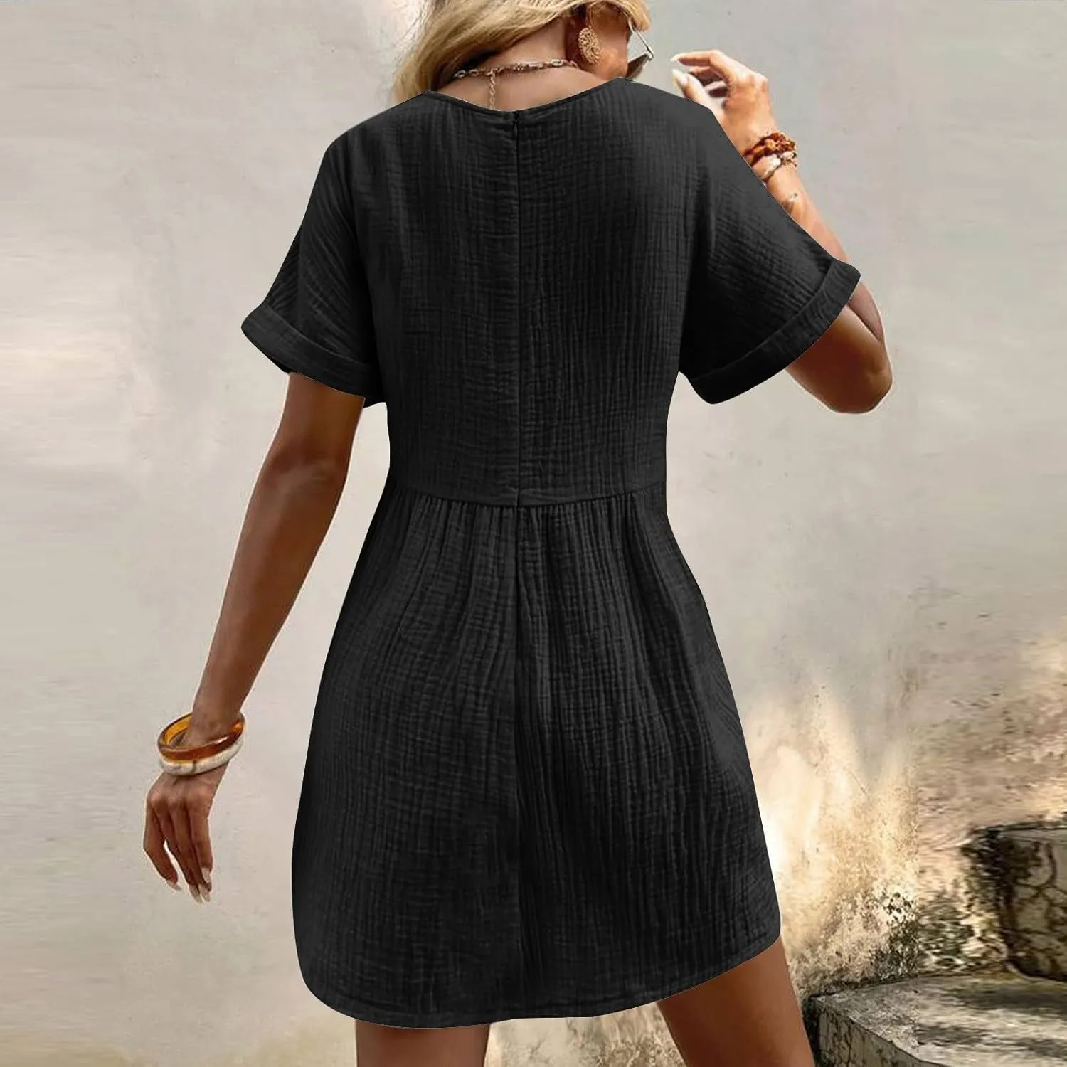 hlysgo Womens Summer Dresses 2024 Casual Loose Fit Short Sleeve V Neck Mini Dress Trendy Vacation Tshirt Dress with Pockets