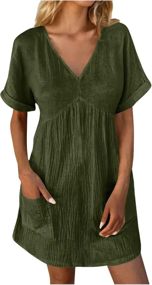 hlysgo Womens Summer Dresses 2024 Casual Loose Fit Short Sleeve V Neck Mini Dress Trendy Vacation Tshirt Dress with Pockets