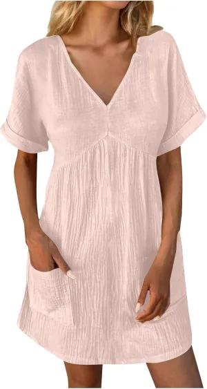 hlysgo Womens Summer Dresses 2024 Casual Loose Fit Short Sleeve V Neck Mini Dress Trendy Vacation Tshirt Dress with Pockets