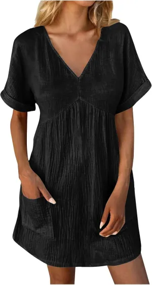 hlysgo Womens Summer Dresses 2024 Casual Loose Fit Short Sleeve V Neck Mini Dress Trendy Vacation Tshirt Dress with Pockets