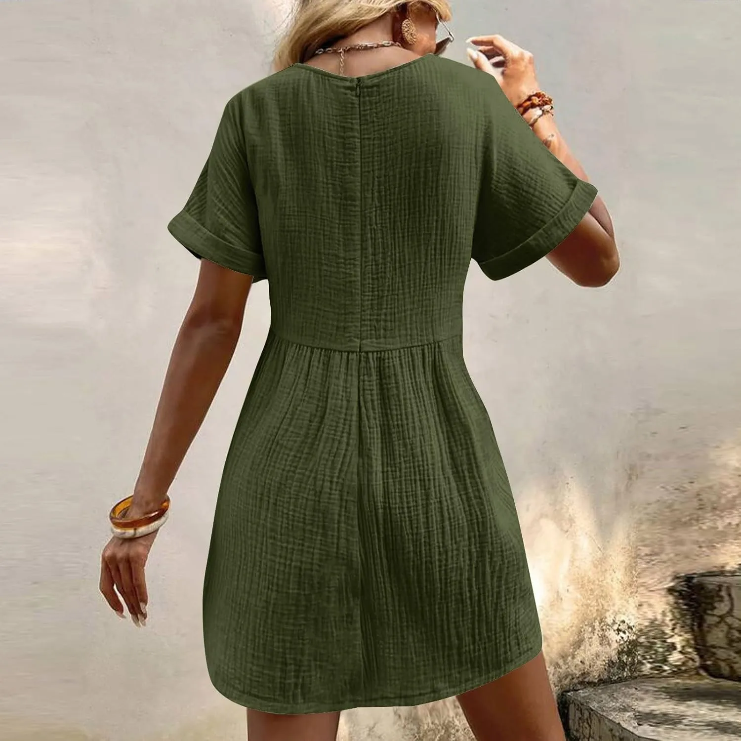 hlysgo Womens Summer Dresses 2024 Casual Loose Fit Short Sleeve V Neck Mini Dress Trendy Vacation Tshirt Dress with Pockets