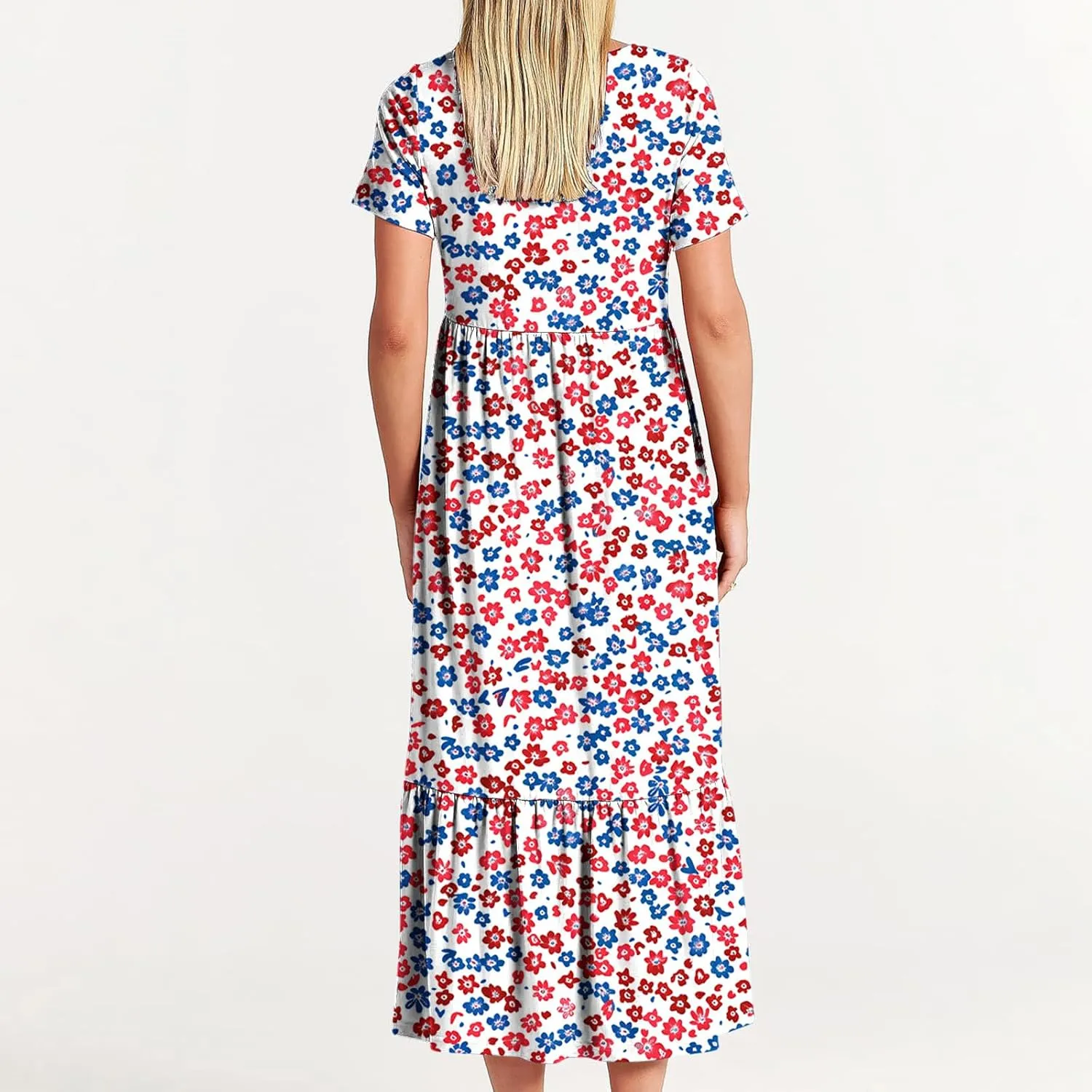 hlysgo Womens Summer Dresses 2024 Trendy Floral Print Short Sleeve Midi Dress Casual Ruffle Beach Vacation Dress with Pocket