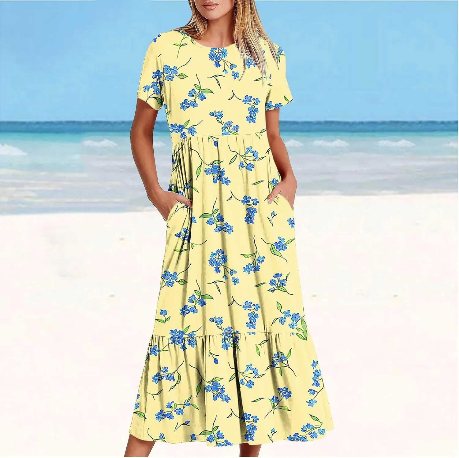 hlysgo Womens Summer Dresses 2024 Trendy Floral Print Short Sleeve Midi Dress Casual Ruffle Beach Vacation Dress with Pocket