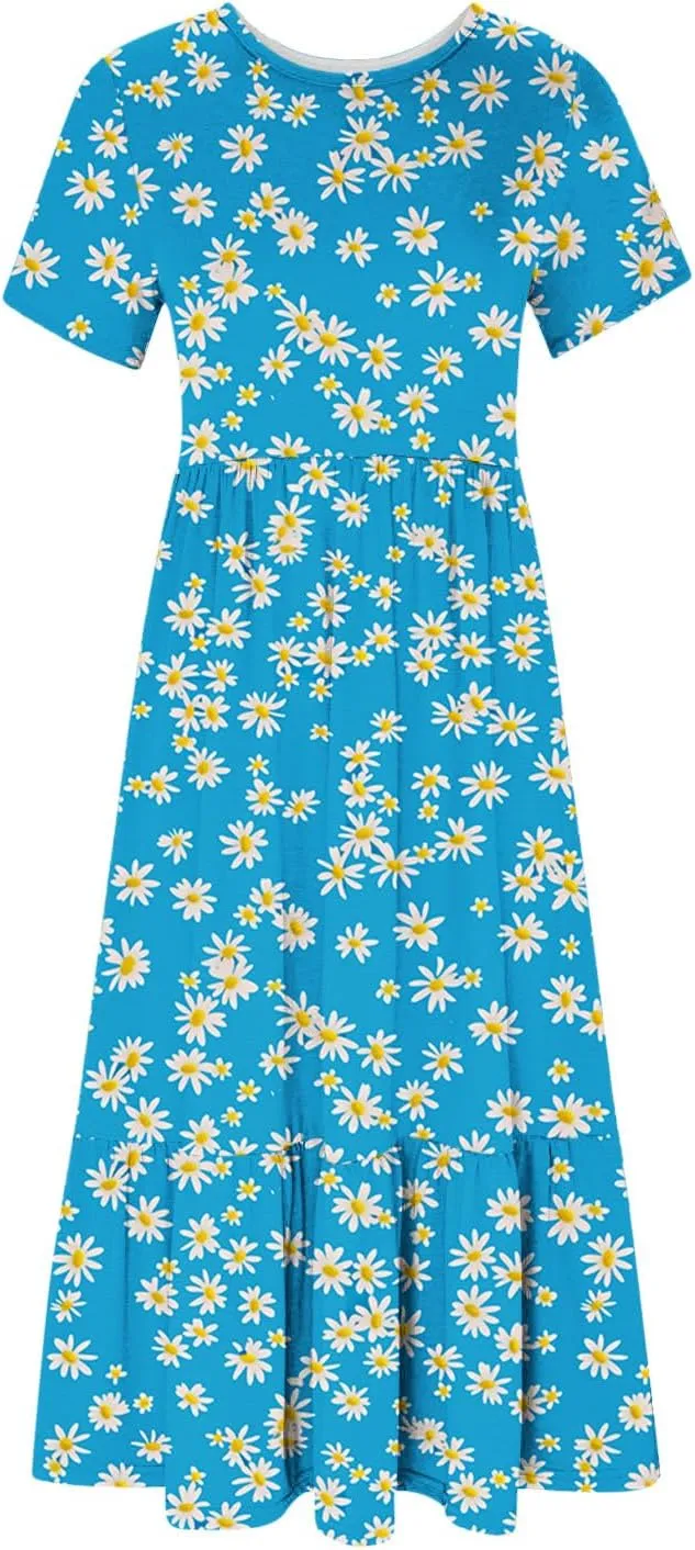 hlysgo Womens Summer Dresses 2024 Trendy Floral Print Short Sleeve Midi Dress Casual Ruffle Beach Vacation Dress with Pocket