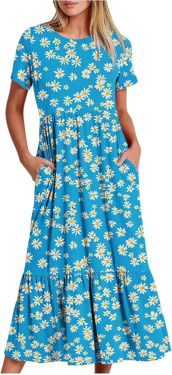 hlysgo Womens Summer Dresses 2024 Trendy Floral Print Short Sleeve Midi Dress Casual Ruffle Beach Vacation Dress with Pocket
