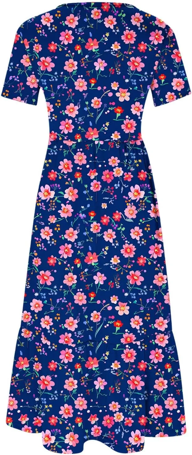 hlysgo Womens Summer Dresses 2024 Trendy Floral Print Short Sleeve Midi Dress Casual Ruffle Beach Vacation Dress with Pocket