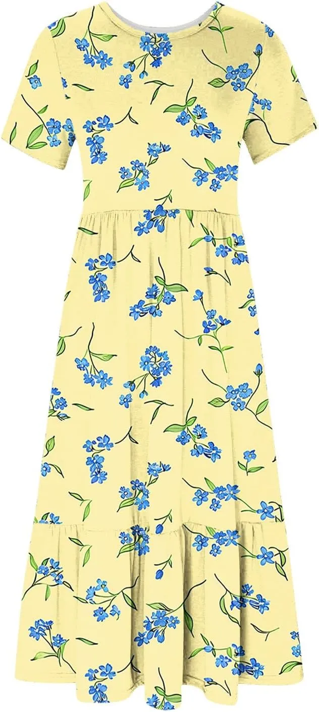 hlysgo Womens Summer Dresses 2024 Trendy Floral Print Short Sleeve Midi Dress Casual Ruffle Beach Vacation Dress with Pocket
