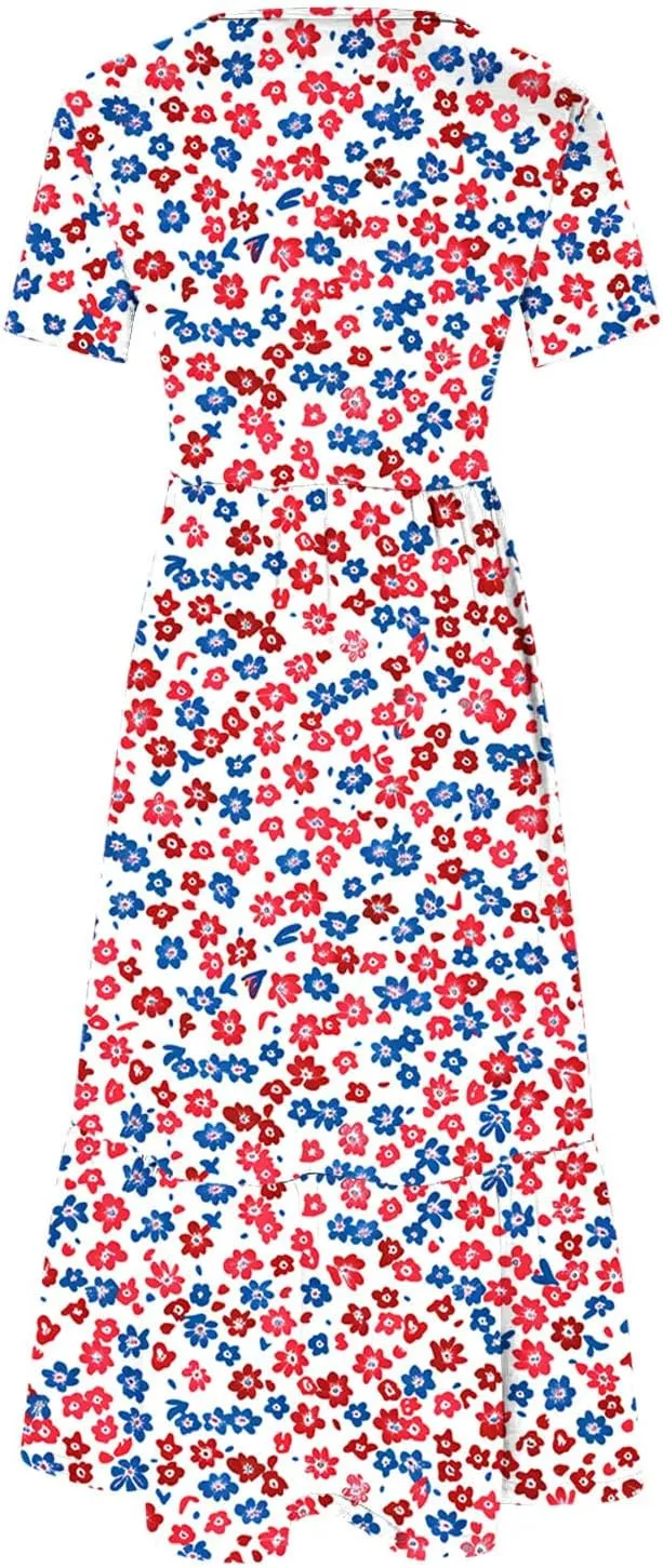 hlysgo Womens Summer Dresses 2024 Trendy Floral Print Short Sleeve Midi Dress Casual Ruffle Beach Vacation Dress with Pocket