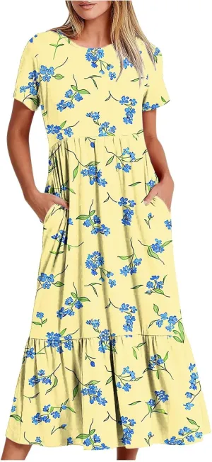 hlysgo Womens Summer Dresses 2024 Trendy Floral Print Short Sleeve Midi Dress Casual Ruffle Beach Vacation Dress with Pocket