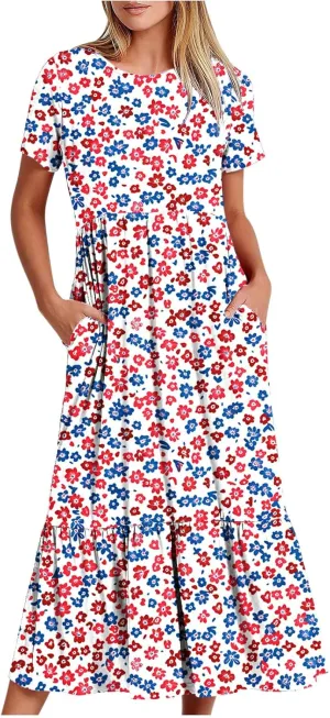 hlysgo Womens Summer Dresses 2024 Trendy Floral Print Short Sleeve Midi Dress Casual Ruffle Beach Vacation Dress with Pocket