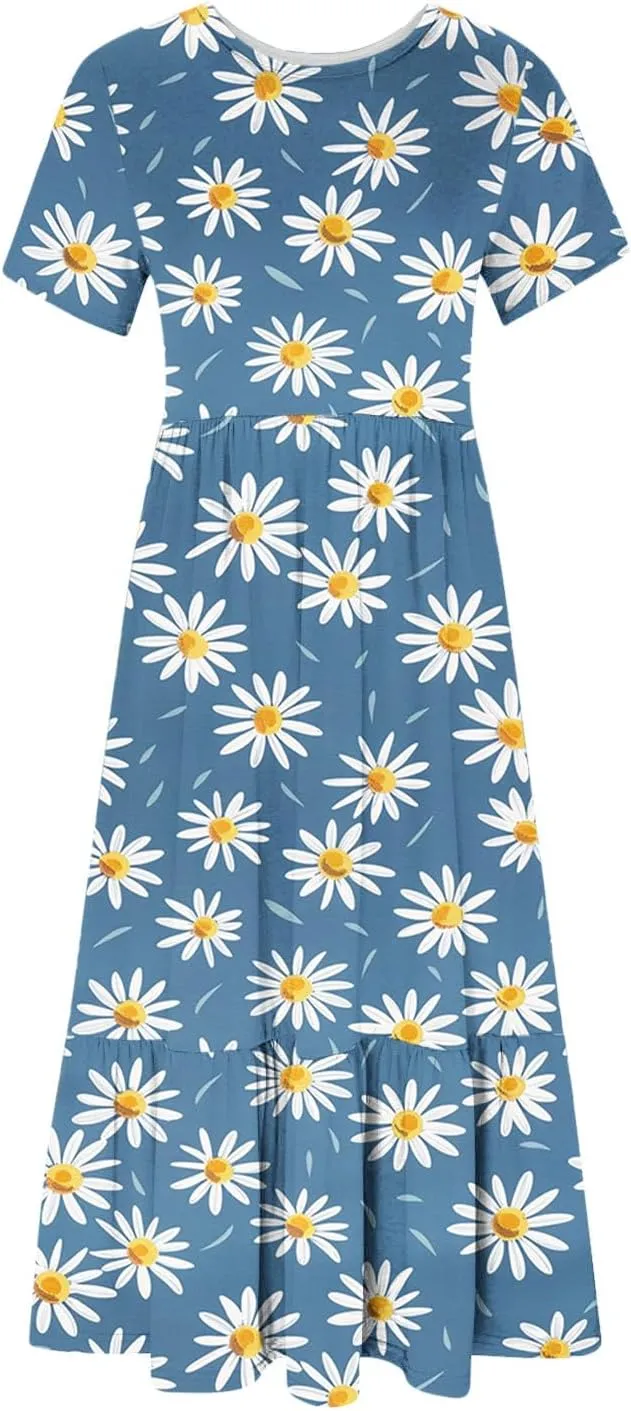 hlysgo Womens Summer Dresses 2024 Trendy Floral Print Short Sleeve Midi Dress Casual Ruffle Beach Vacation Dress with Pocket