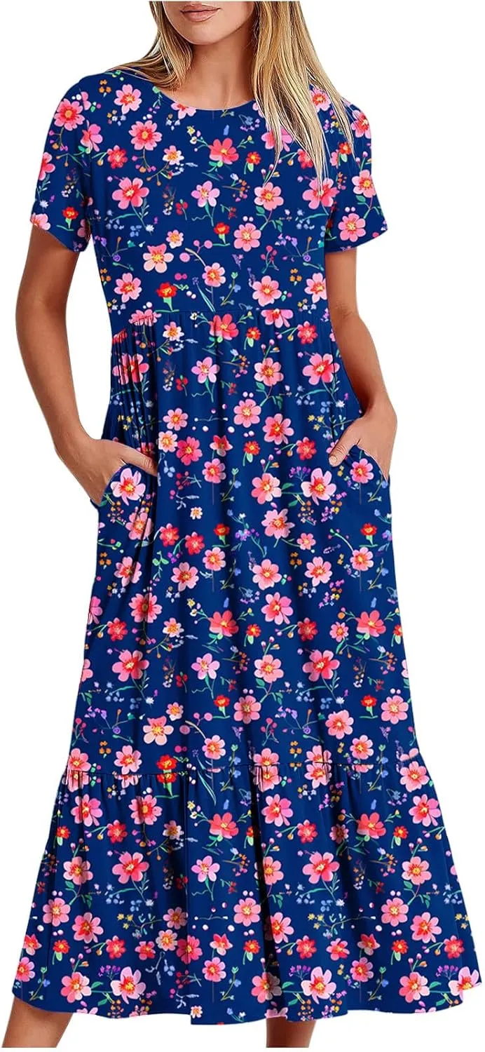 hlysgo Womens Summer Dresses 2024 Trendy Floral Print Short Sleeve Midi Dress Casual Ruffle Beach Vacation Dress with Pocket