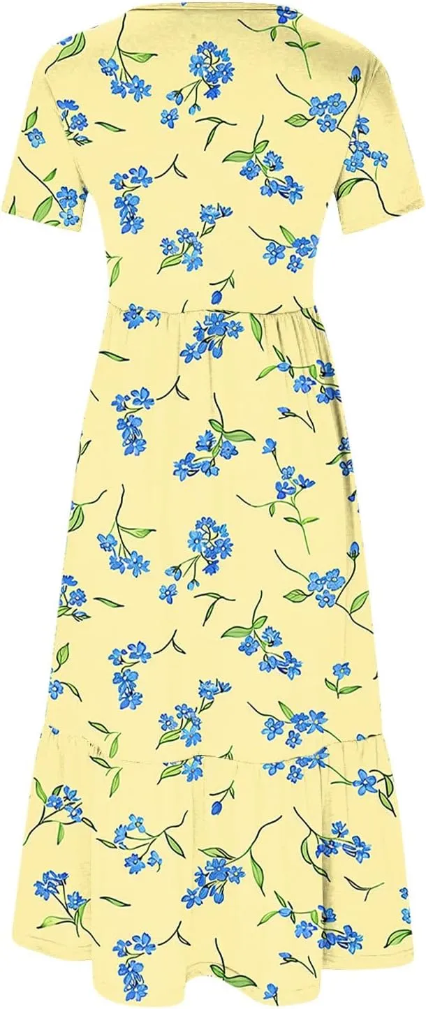 hlysgo Womens Summer Dresses 2024 Trendy Floral Print Short Sleeve Midi Dress Casual Ruffle Beach Vacation Dress with Pocket
