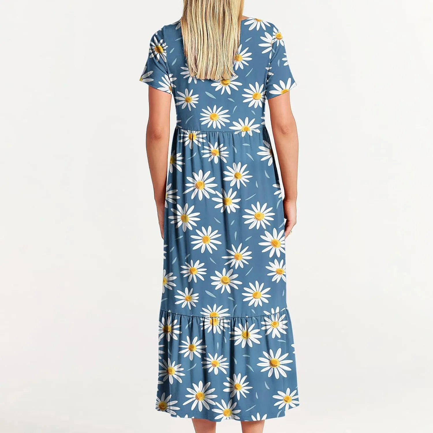 hlysgo Womens Summer Dresses 2024 Trendy Floral Print Short Sleeve Midi Dress Casual Ruffle Beach Vacation Dress with Pocket