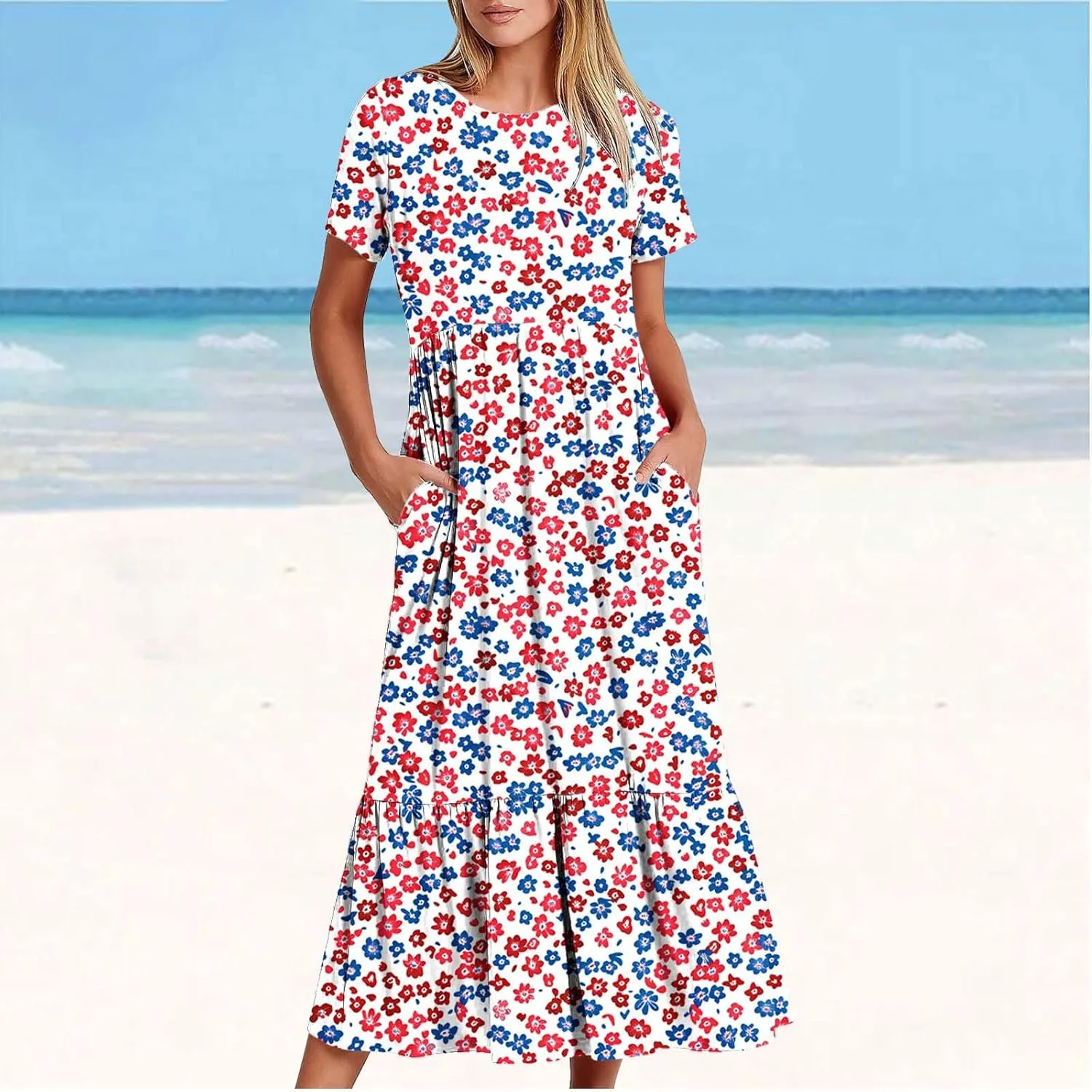 hlysgo Womens Summer Dresses 2024 Trendy Floral Print Short Sleeve Midi Dress Casual Ruffle Beach Vacation Dress with Pocket