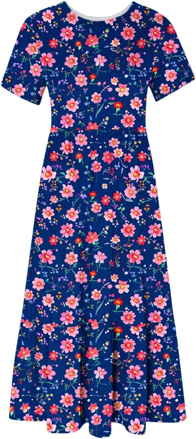 hlysgo Womens Summer Dresses 2024 Trendy Floral Print Short Sleeve Midi Dress Casual Ruffle Beach Vacation Dress with Pocket