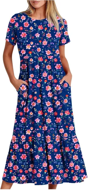 hlysgo Womens Summer Dresses 2024 Trendy Floral Print Short Sleeve Midi Dress Casual Ruffle Beach Vacation Dress with Pocket