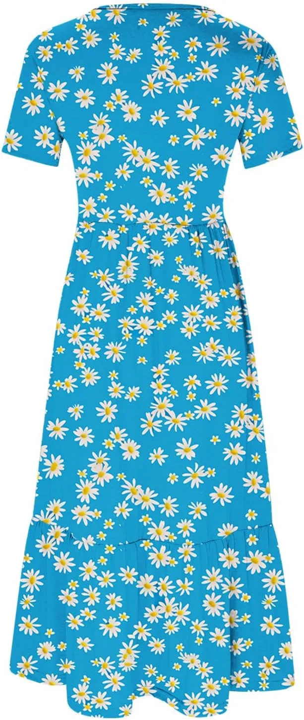 hlysgo Womens Summer Dresses 2024 Trendy Floral Print Short Sleeve Midi Dress Casual Ruffle Beach Vacation Dress with Pocket