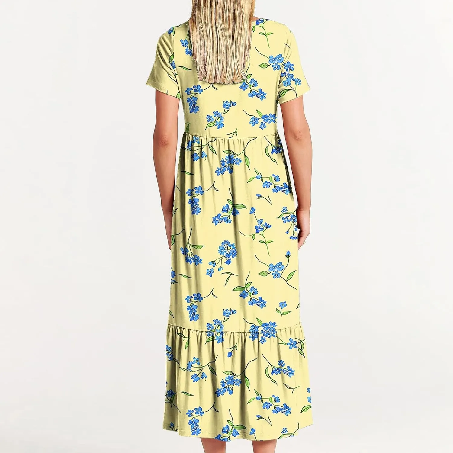 hlysgo Womens Summer Dresses 2024 Trendy Floral Print Short Sleeve Midi Dress Casual Ruffle Beach Vacation Dress with Pocket