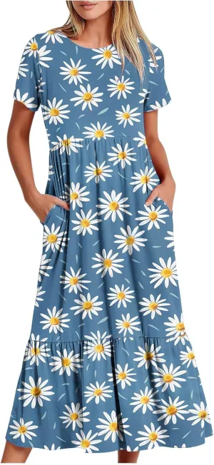 hlysgo Womens Summer Dresses 2024 Trendy Floral Print Short Sleeve Midi Dress Casual Ruffle Beach Vacation Dress with Pocket