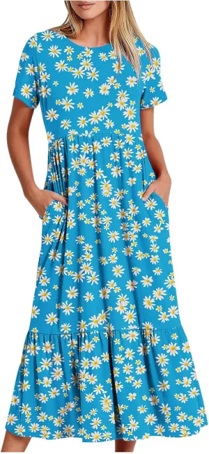 hlysgo Womens Summer Dresses 2024 Trendy Floral Print Short Sleeve Midi Dress Casual Ruffle Beach Vacation Dress with Pocket