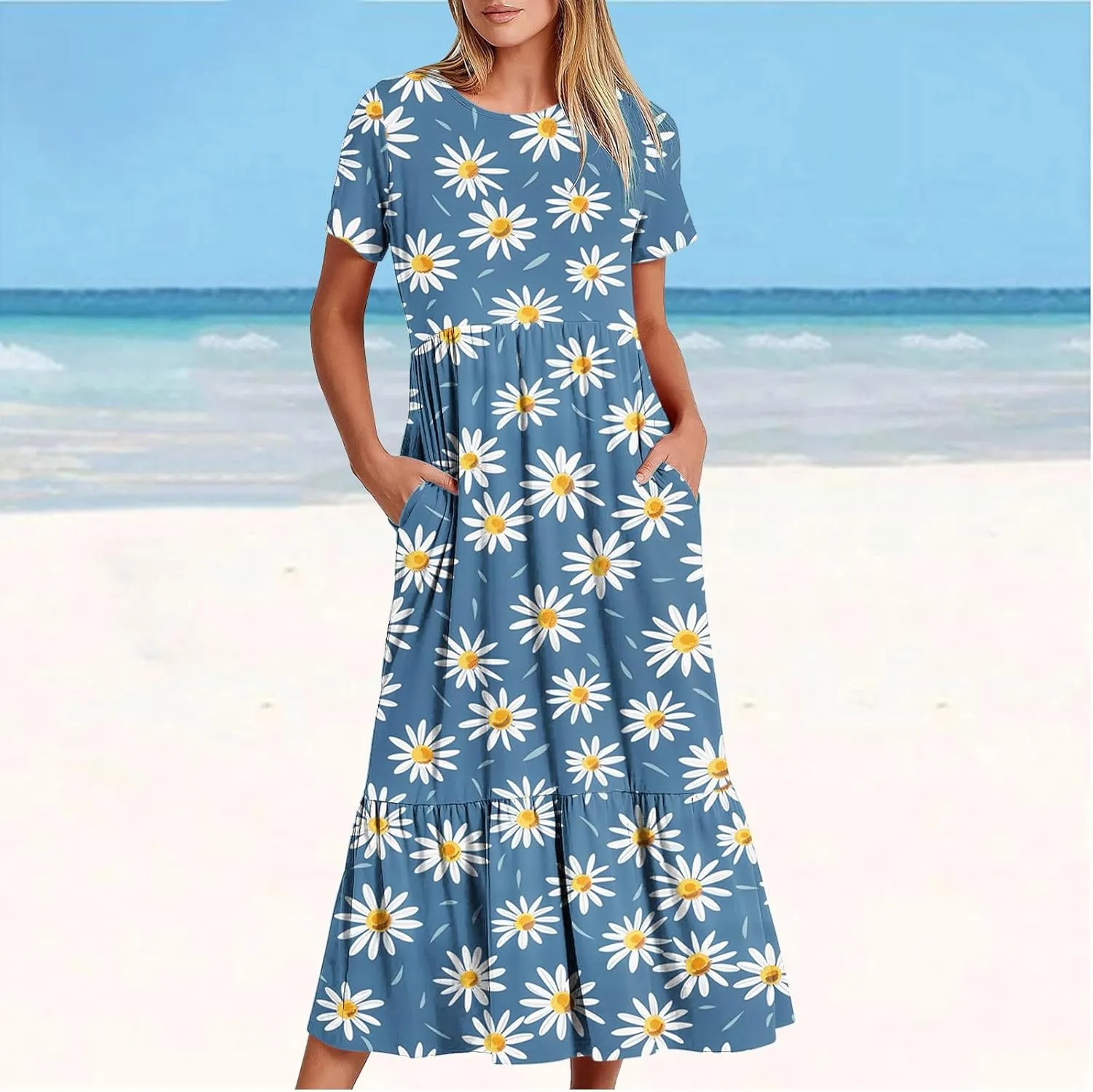 hlysgo Womens Summer Dresses 2024 Trendy Floral Print Short Sleeve Midi Dress Casual Ruffle Beach Vacation Dress with Pocket