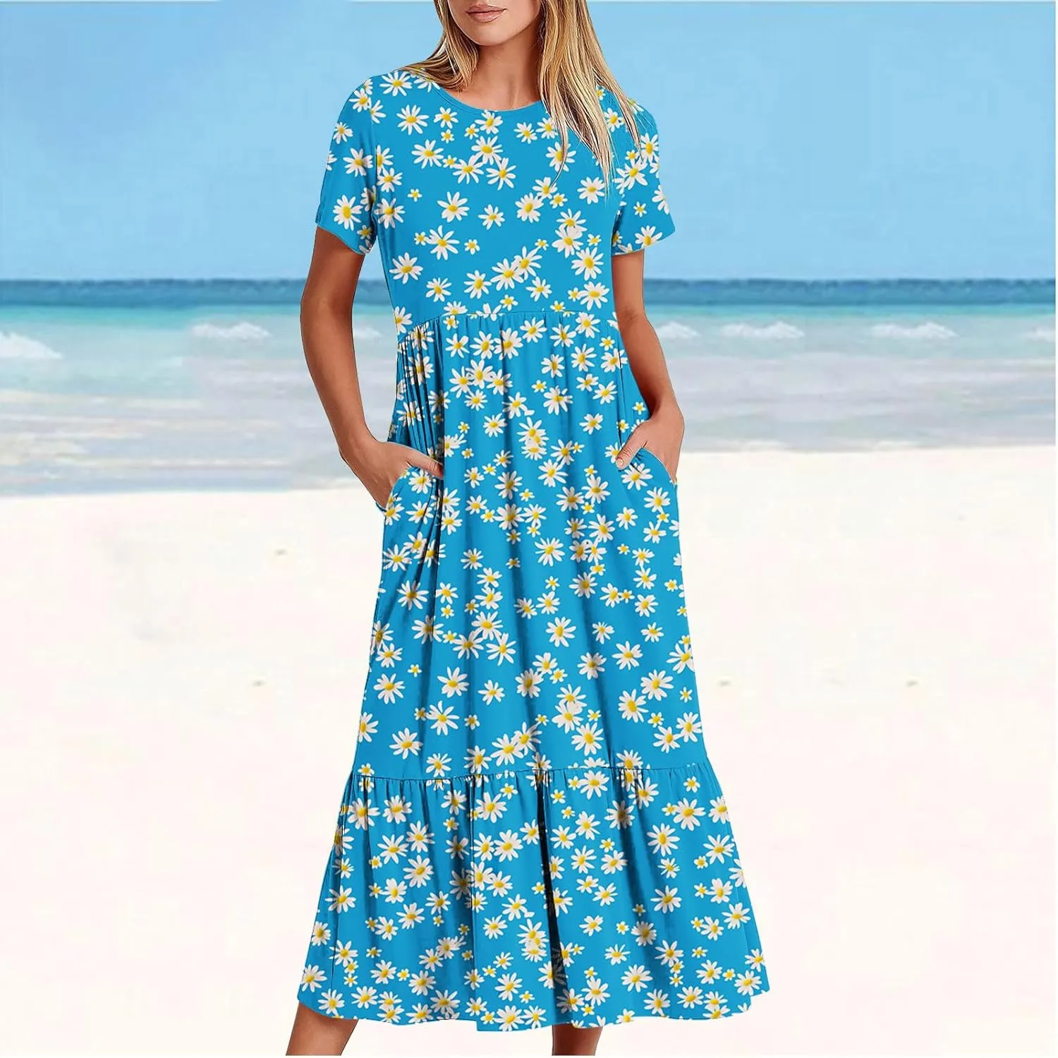 hlysgo Womens Summer Dresses 2024 Trendy Floral Print Short Sleeve Midi Dress Casual Ruffle Beach Vacation Dress with Pocket