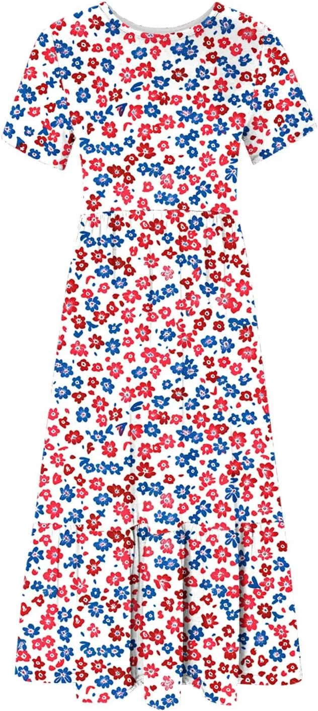 hlysgo Womens Summer Dresses 2024 Trendy Floral Print Short Sleeve Midi Dress Casual Ruffle Beach Vacation Dress with Pocket