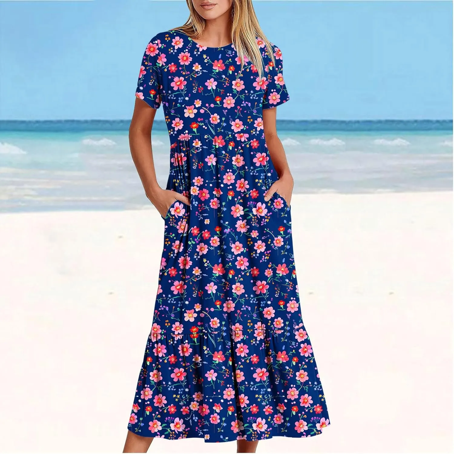 hlysgo Womens Summer Dresses 2024 Trendy Floral Print Short Sleeve Midi Dress Casual Ruffle Beach Vacation Dress with Pocket