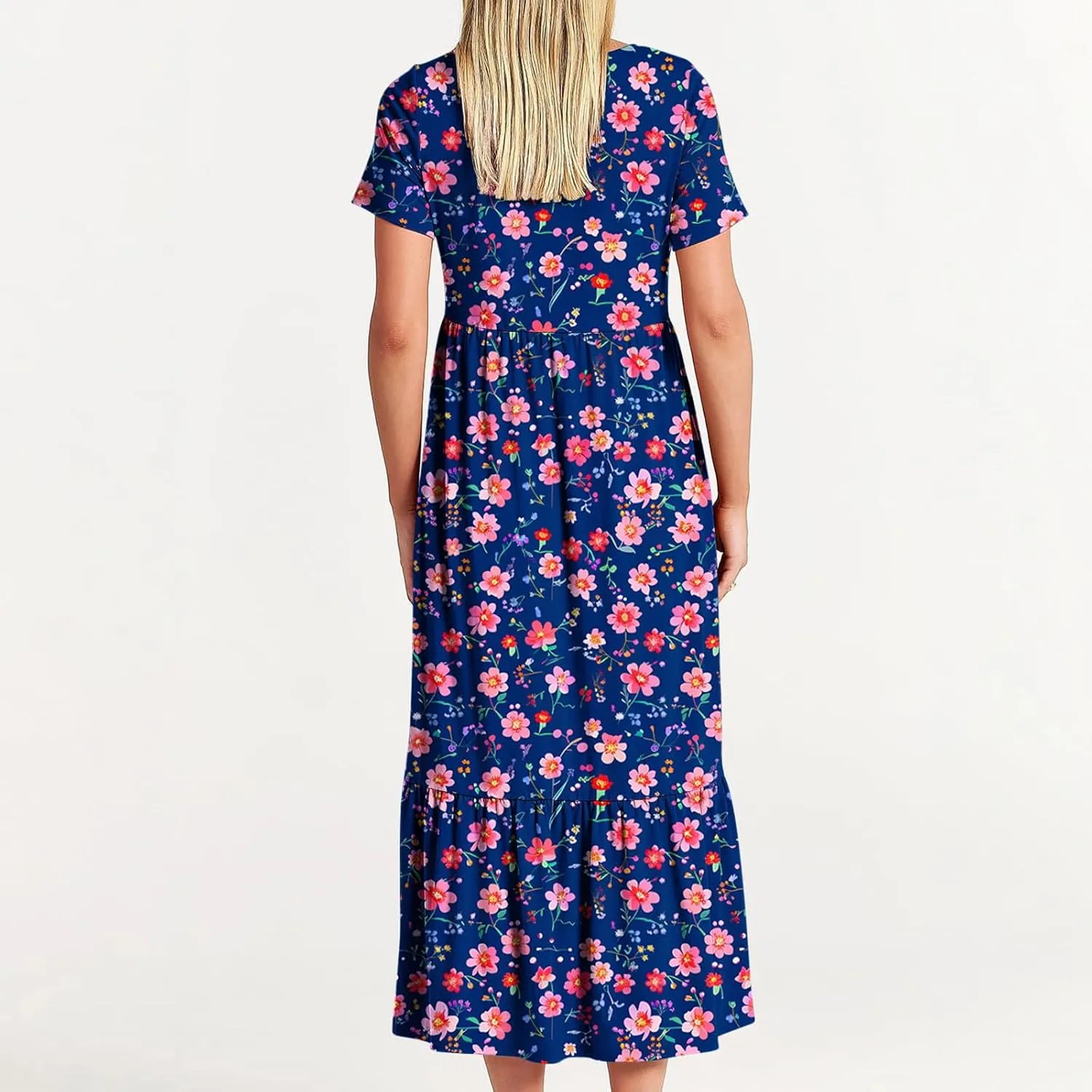 hlysgo Womens Summer Dresses 2024 Trendy Floral Print Short Sleeve Midi Dress Casual Ruffle Beach Vacation Dress with Pocket
