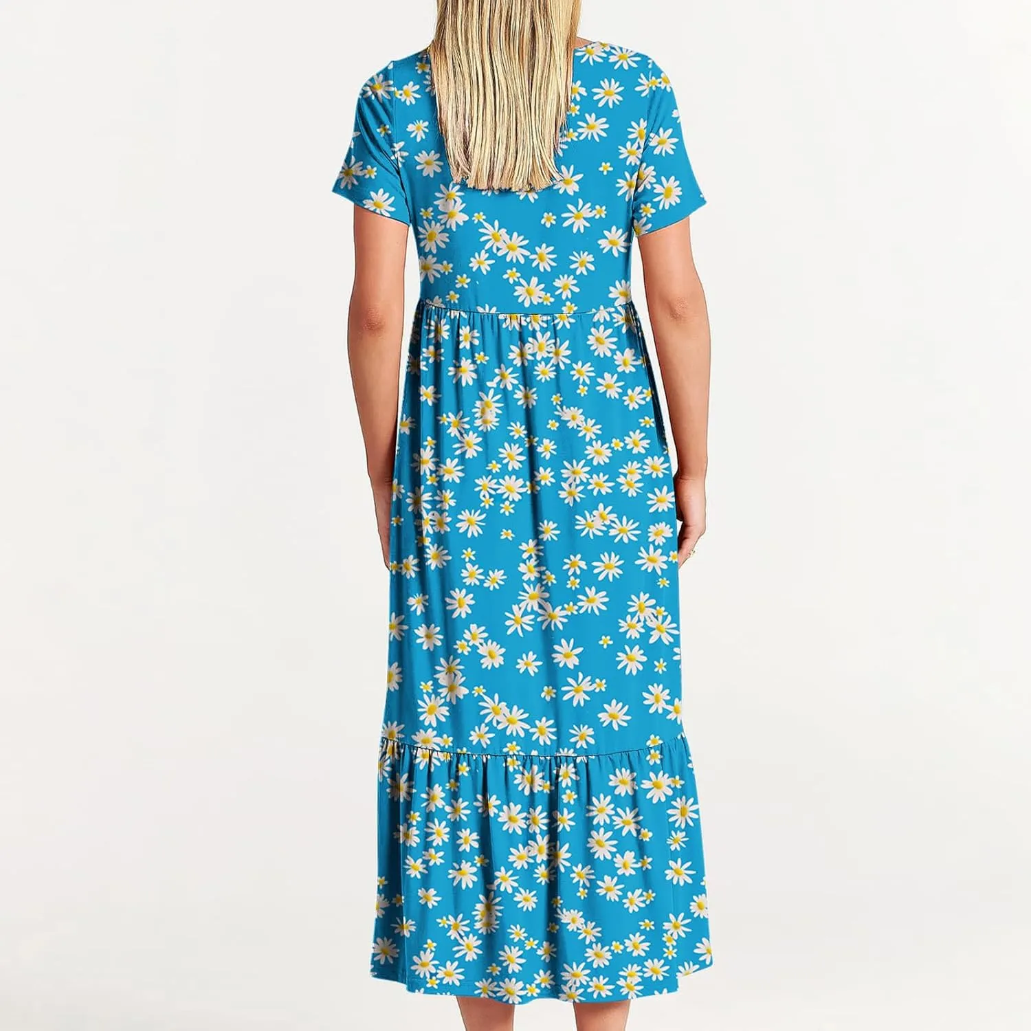 hlysgo Womens Summer Dresses 2024 Trendy Floral Print Short Sleeve Midi Dress Casual Ruffle Beach Vacation Dress with Pocket