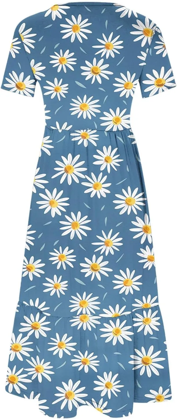 hlysgo Womens Summer Dresses 2024 Trendy Floral Print Short Sleeve Midi Dress Casual Ruffle Beach Vacation Dress with Pocket