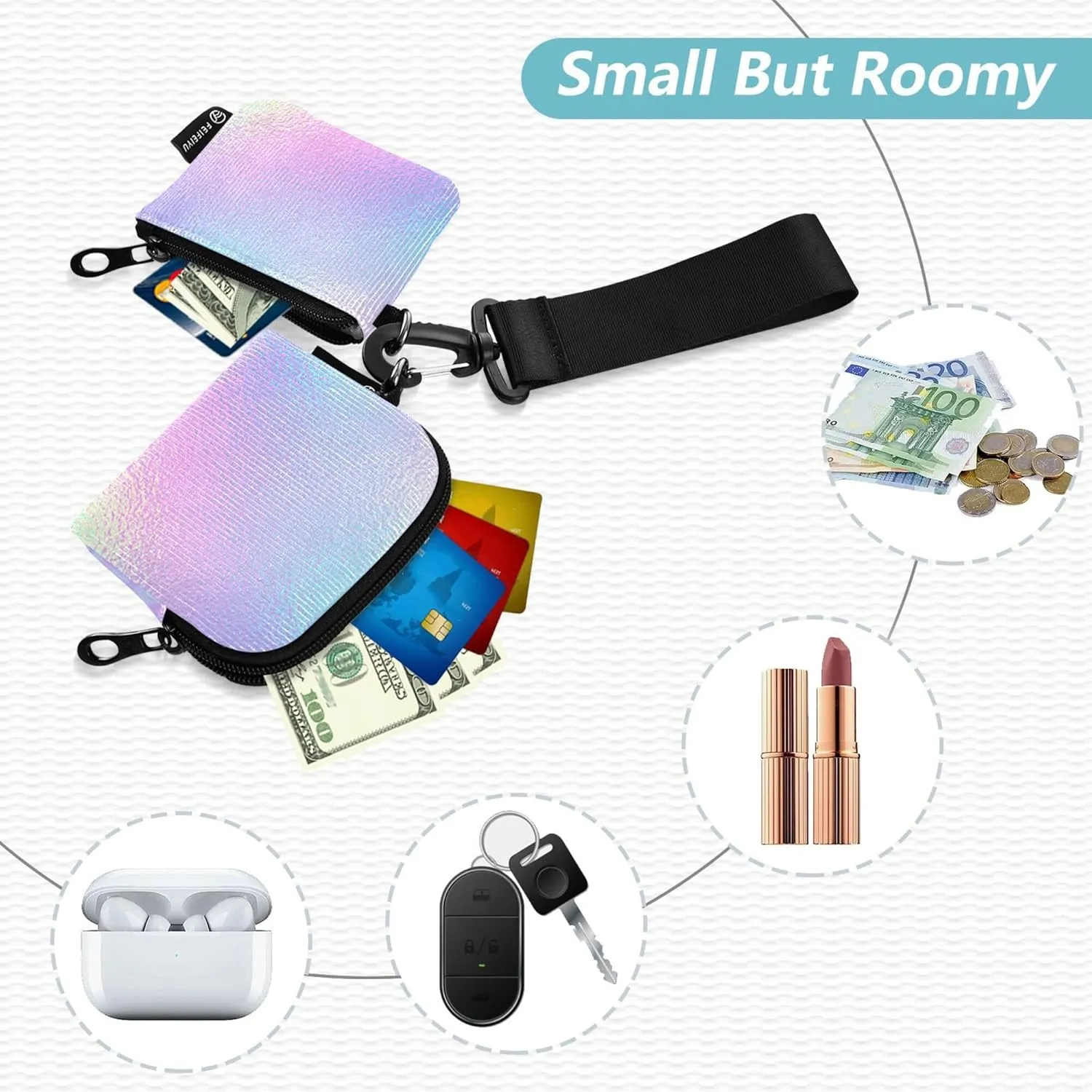Hologram Iridescent Foil Effect Women's Change Wallet Card Cases Compact Size Coin Purse Wallet Bag with Keychain for Ladies Girls 2 Pcs