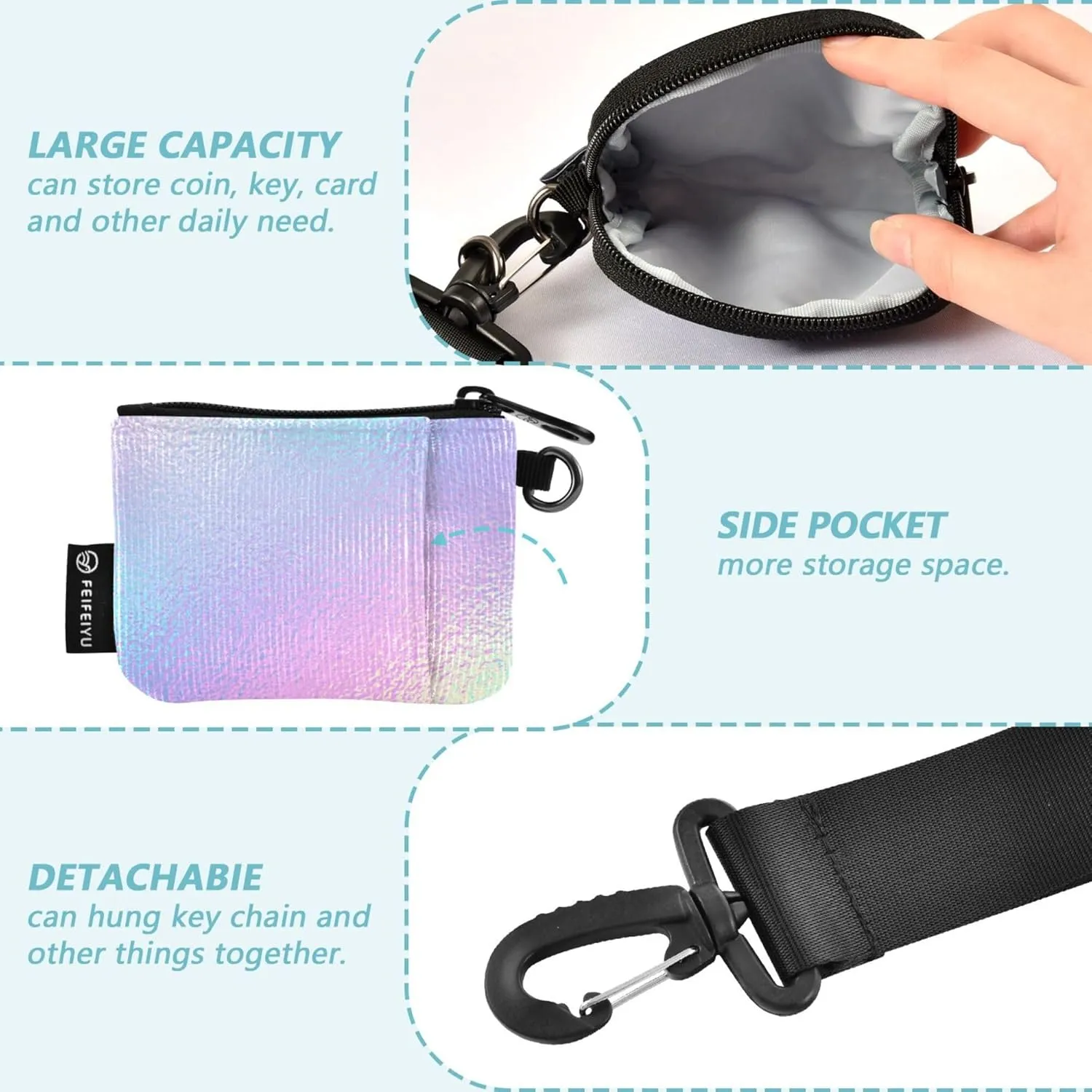 Hologram Iridescent Foil Effect Women's Change Wallet Card Cases Compact Size Coin Purse Wallet Bag with Keychain for Ladies Girls 2 Pcs