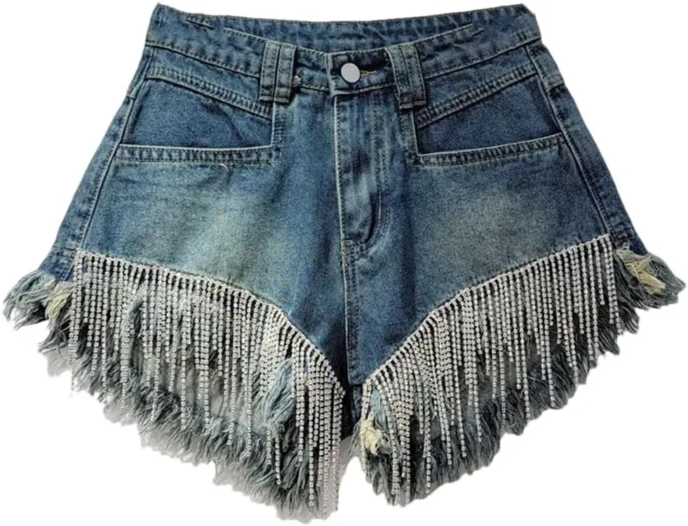Hot Pants Womens Denim Short Ripped High Waist Tassel Chain Slim Fit Straight Denim Shorts Women