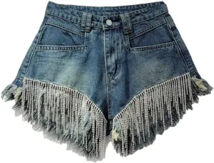 Hot Pants Womens Denim Short Ripped High Waist Tassel Chain Slim Fit Straight Denim Shorts Women