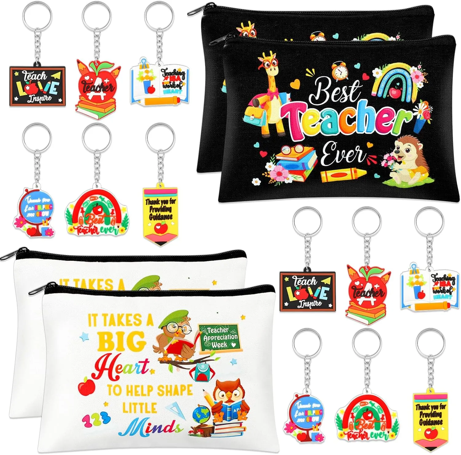 HOWAF 16 Pcs Teachers Appreciation Gift Set, 4pcs Thank You Teacher Makeup Cosmetic Bags 12pcs Teachers Key Chain for Graduation End of Year Gift for Teacher Women, Teachers Day Gift Set