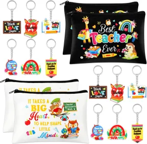 HOWAF 16 Pcs Teachers Appreciation Gift Set, 4pcs Thank You Teacher Makeup Cosmetic Bags 12pcs Teachers Key Chain for Graduation End of Year Gift for Teacher Women, Teachers Day Gift Set