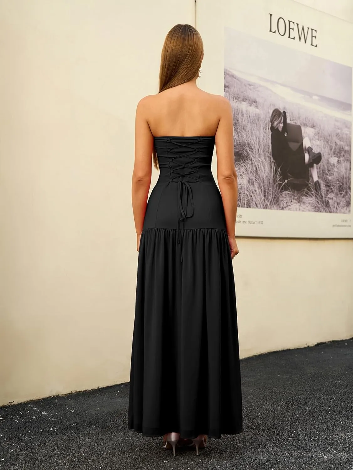 HTZMO Elegant Strapless Slit Maxi Dress Tie Back Wedding Gutst Formal Long Dresses for Women 2025