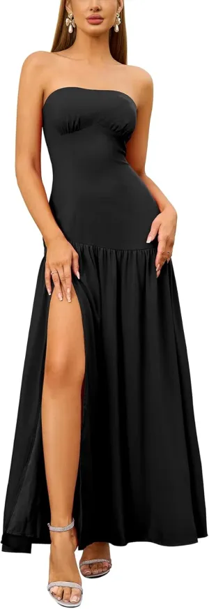 HTZMO Elegant Strapless Slit Maxi Dress Tie Back Wedding Gutst Formal Long Dresses for Women 2025