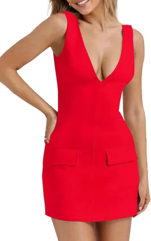 IHOT Women's Sexy V Neck Mini Dresses Sleeveless Double Lined Short Club Night Out Party Dress