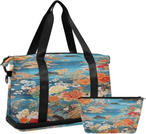 Japanese Floral Sports Gym Bag with Waterproof Dry Wet Pocket, Travel Duffel Bag for Women MenWorkout Bag Fits Yoga, Swimming