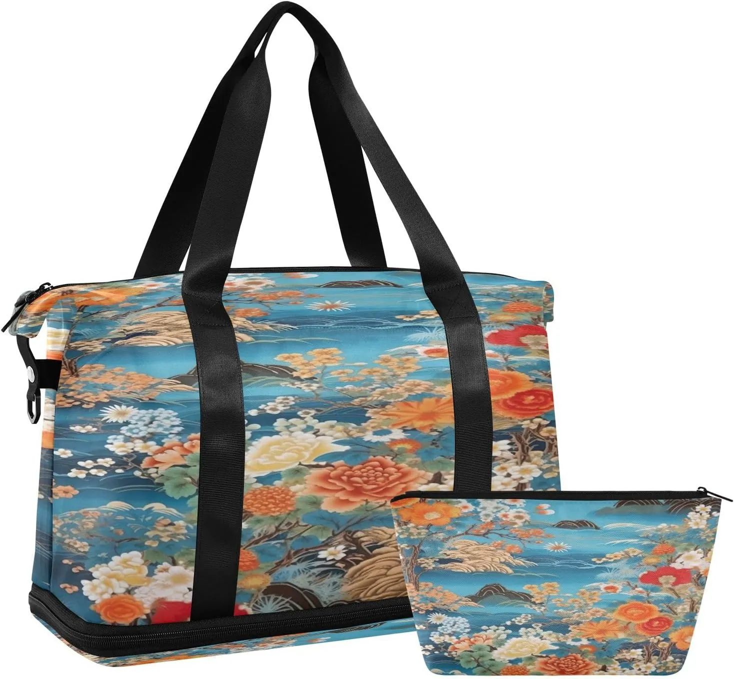 Japanese Floral Sports Gym Bag with Waterproof Dry Wet Pocket, Travel Duffel Bag for Women MenWorkout Bag Fits Yoga, Swimming