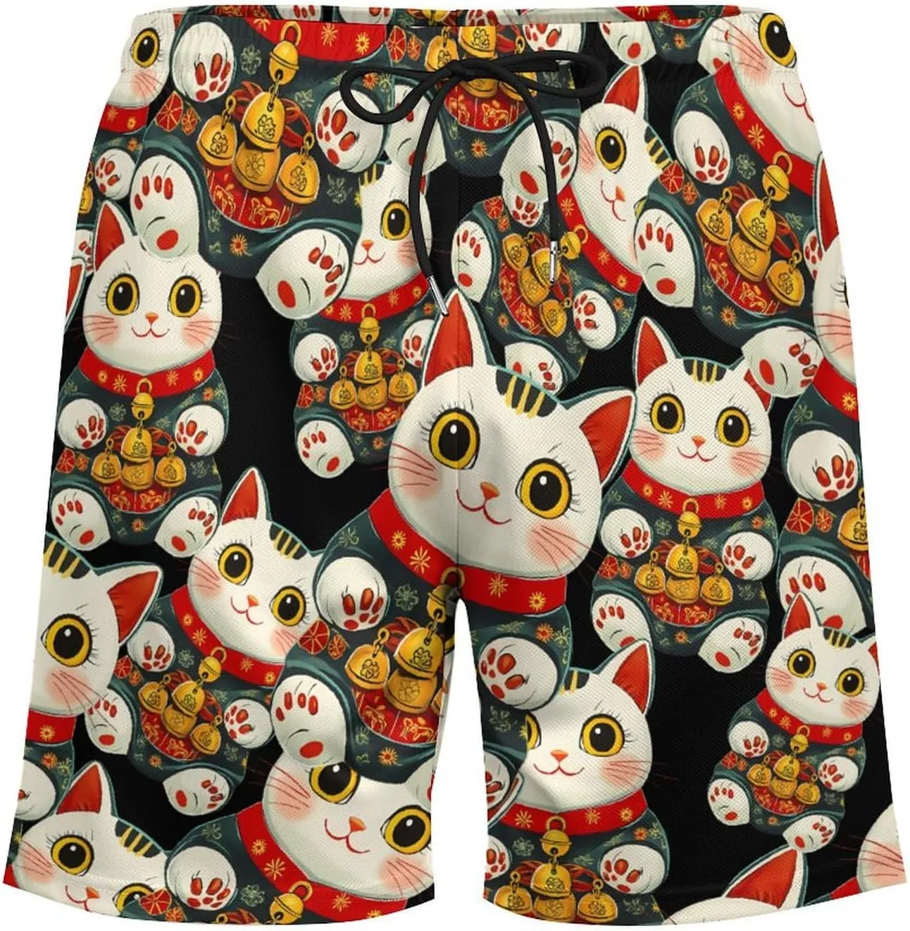 Japanese Lucky Cute Cat Casual Beach Shorts for Men Elastic Waist Drawstring Swim Shorts With Compression Liner