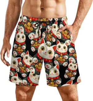 Japanese Lucky Cute Cat Casual Beach Shorts for Men Elastic Waist Drawstring Swim Shorts With Compression Liner