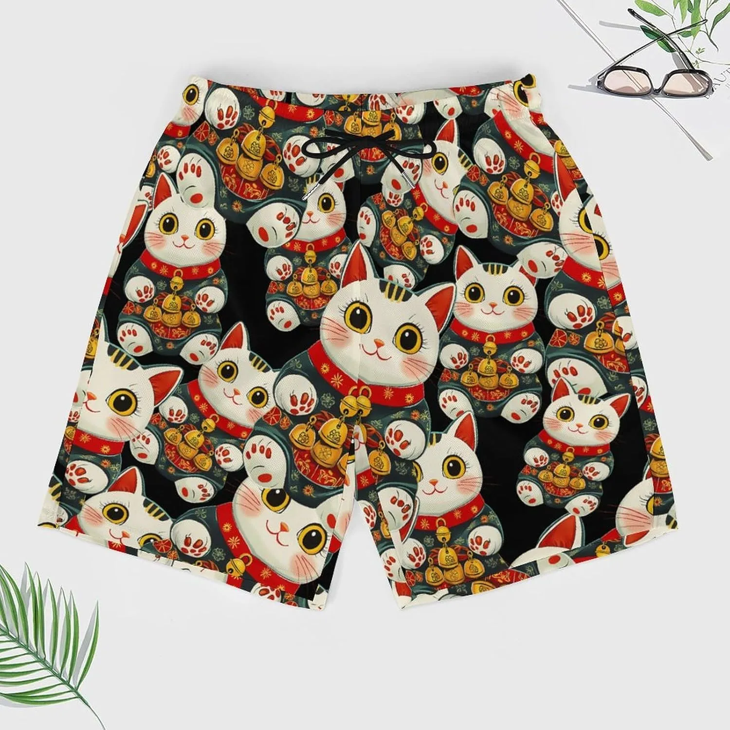 Japanese Lucky Cute Cat Casual Beach Shorts for Men Elastic Waist Drawstring Swim Shorts With Compression Liner