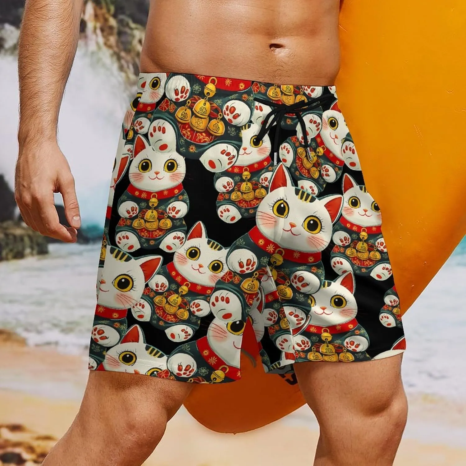 Japanese Lucky Cute Cat Casual Beach Shorts for Men Elastic Waist Drawstring Swim Shorts With Compression Liner